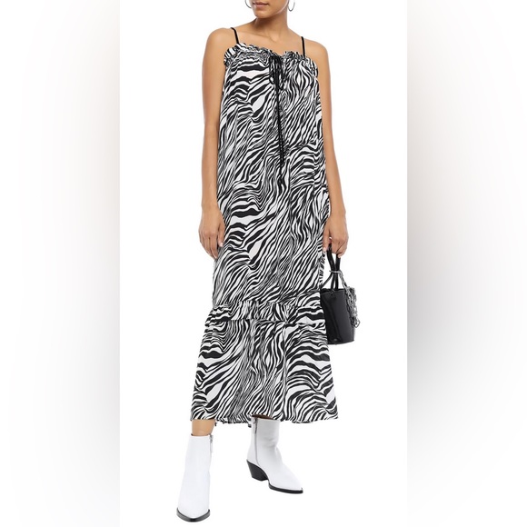 (NWT) MCQ Alexander McQueen Ruffled Zebra-Print Silk Crepe de Chine Midi Dress - Picture 1 of 8